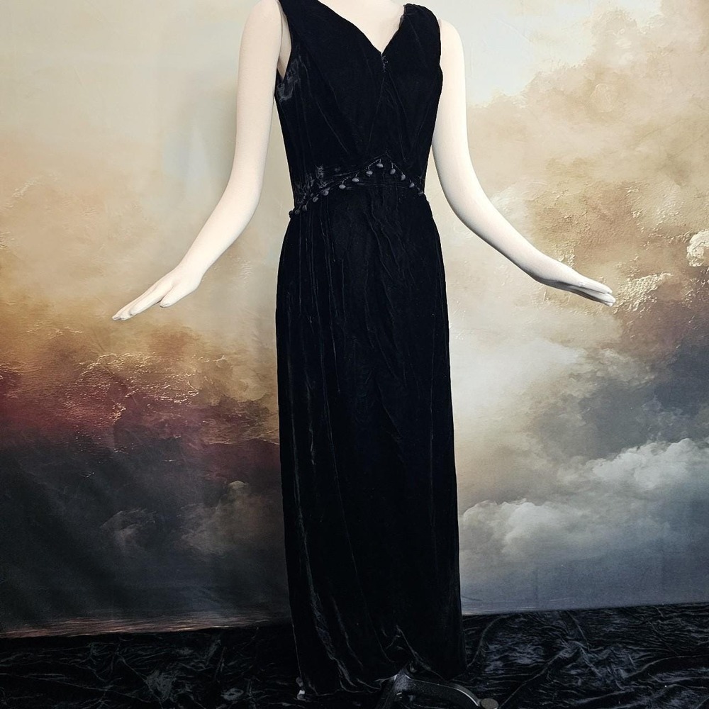 1950s Black Velvet Maxi Dress Romantic Goth Glam Gown Tassle Waist Vintage As is